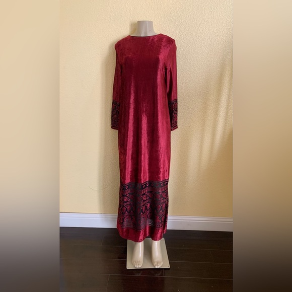 VTG Ruth Norman Neiman Marcus Sz Small Burgundy Velvet Long Sleeve Burnout Dress - Picture 1 of 11
